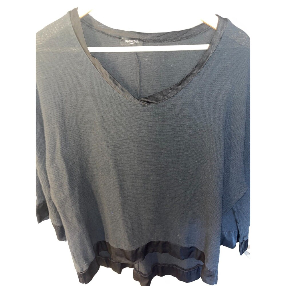 NATACHA PARIS BLACK SATIN Silk BLOUSE TOP Women's L